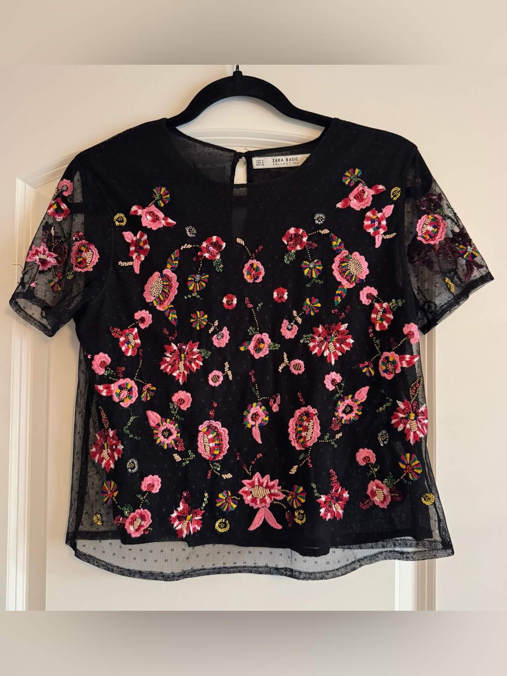 Zara Black Sheer Top with Pink & Multicolor Floral Embroidery